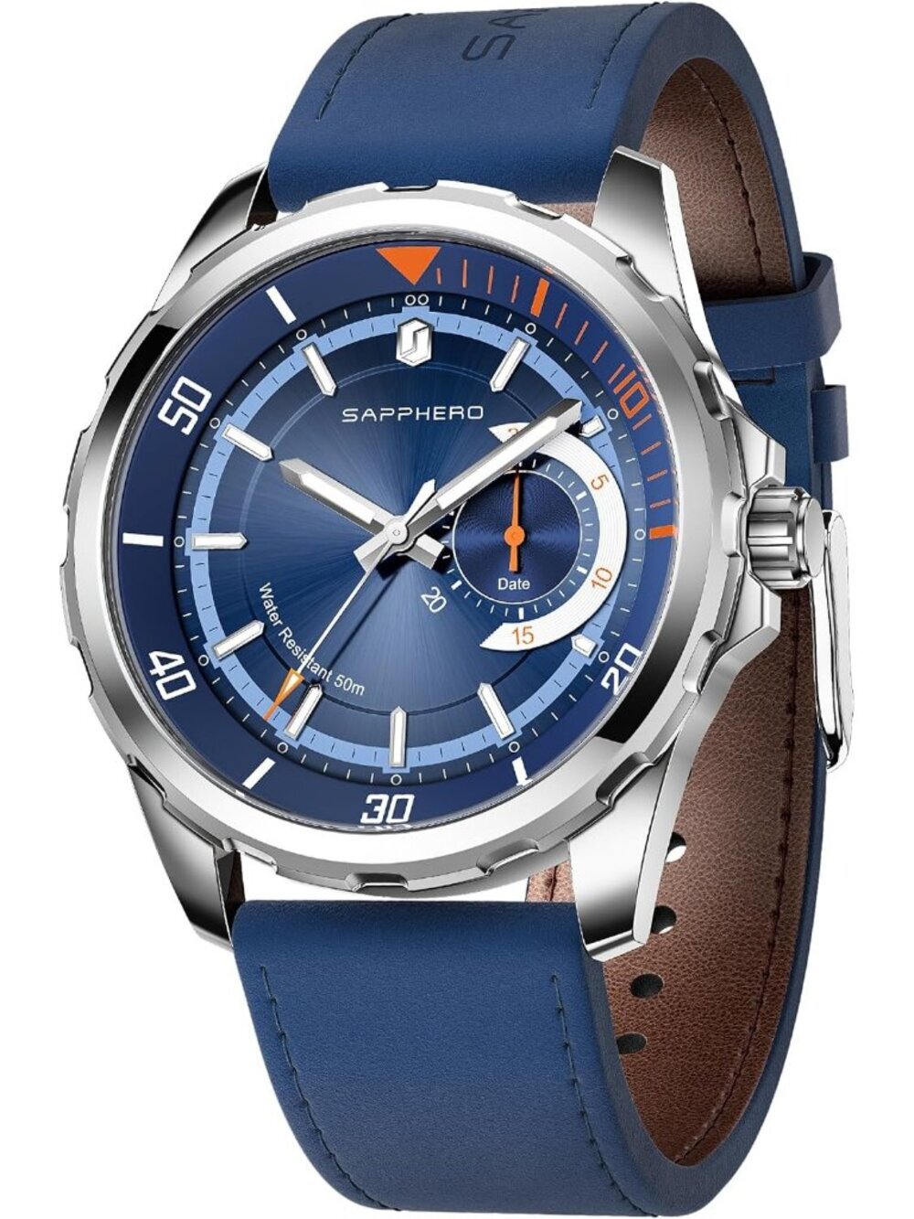 Men's Silver/Blue Numeral Dial Leather Strap Analog Quartz Elegant Wrist Watch